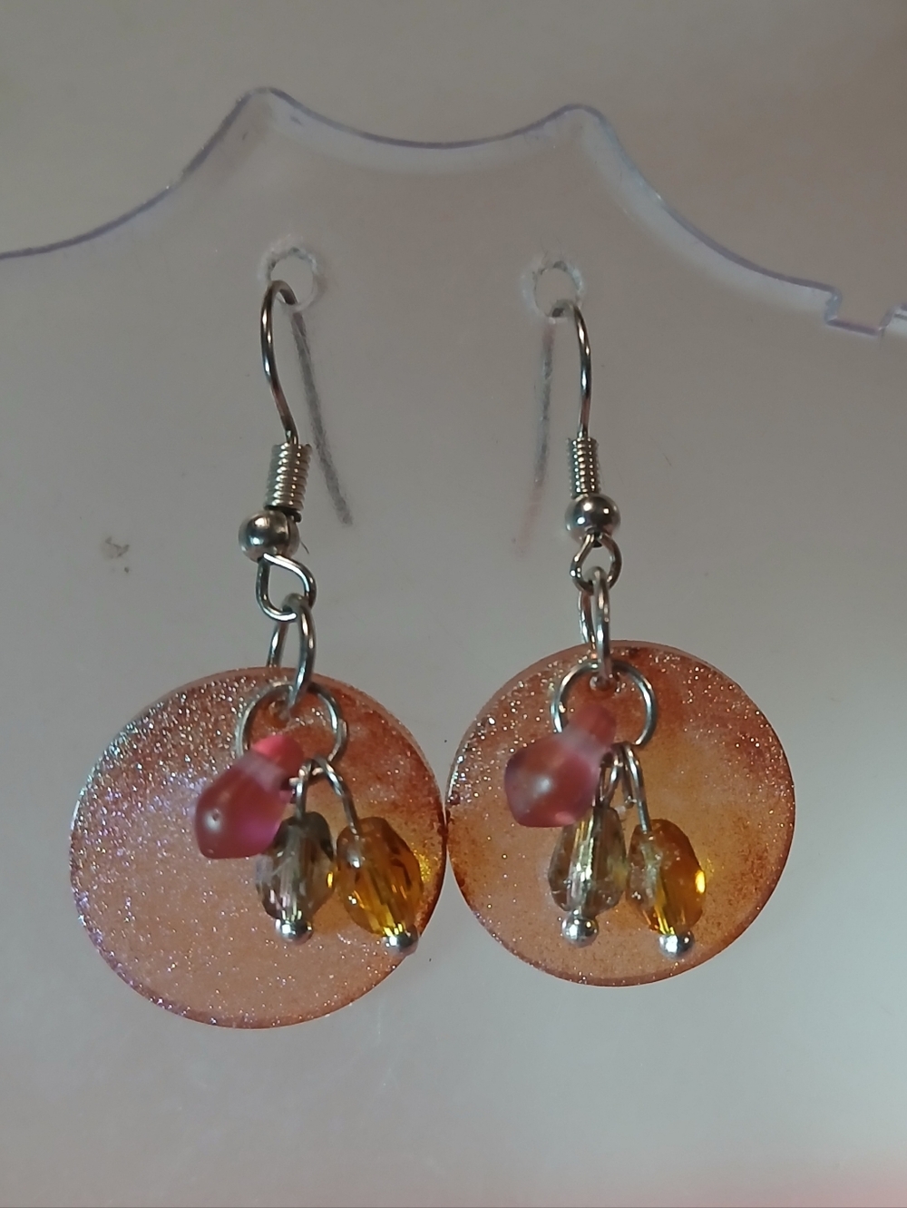 Hand Crafted Peach Glitter Resin Disc Dangle Earrings with Pink and Amber Beads